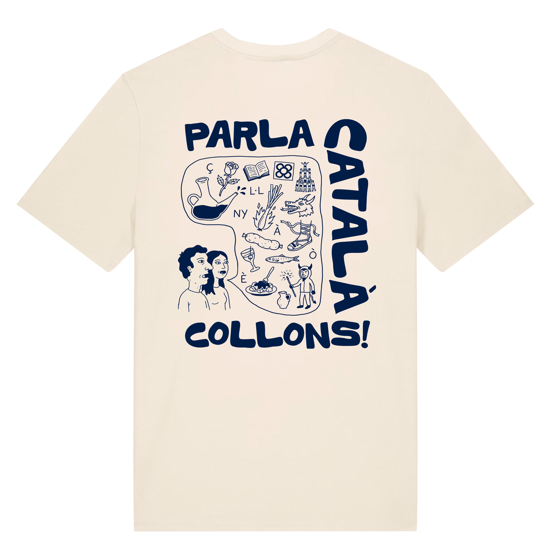 Esquena de la samarreta blanc cru amb la il·lustració Parla Català collons! en blau marí